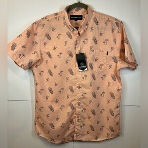 Molokai Surf Co Button Up Shirt Mens Size L Peach Tropical Paradise Palm Print